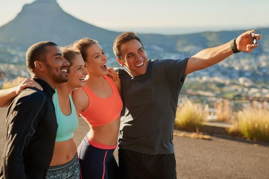 Hashtag friendship goals. a group of friends taking a selfie while out for a workout.