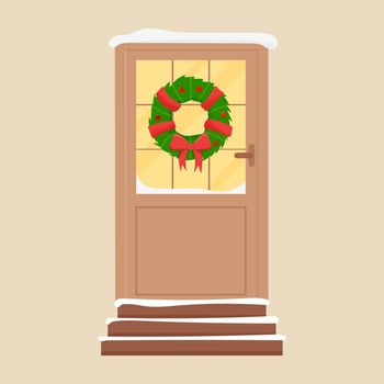 Christmas door with decorations. Winter front door