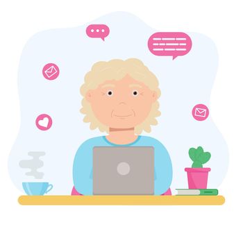 Happy grandma with laptop. Old woman using computer to communicate on the internet