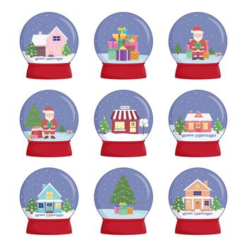 Set of snow globes with a town. Winter wonderland scenes in a snow globe.
