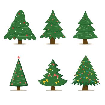 Set of christmas trees with tree ball and tree toy. Flat vector illustration