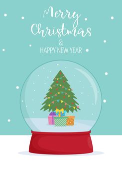 Merry Christmas and new year card. Winter wonderland scenes in a snow globe. Winter card design illustration for greetings, invitation