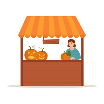 Stall Counters. Food market counter with pumpkins on shelves. Kiosk on white background