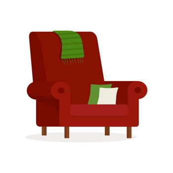 Red armchair with pillows isolated on a white background.