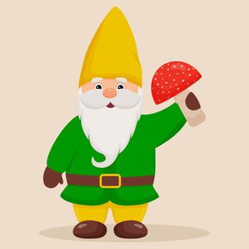 Cute garden gnome with a mushroom in his hands.