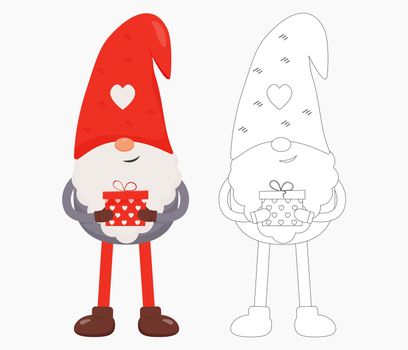 Cute Valentine gnome with a red gift in his hands. Flat vector illustration for St. Valentine's Day gift, card, print, decoration. Gnome in color and outline.
