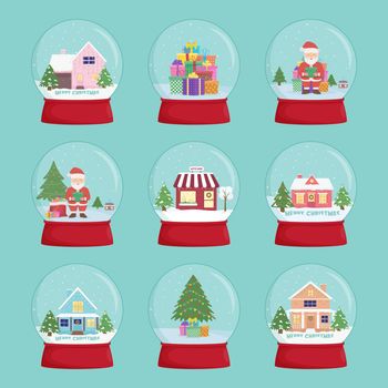 Set of snow globes with a town. Winter wonderland scenes in a snow globe.