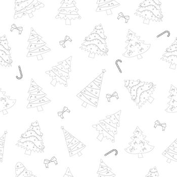 Christmas tree with tree ball and tree toy seamless pattern. Color book. Flat vector illustration