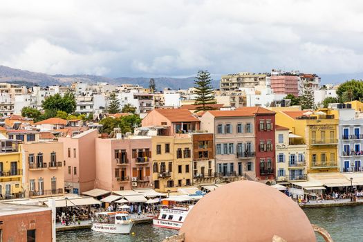 Landmarks of Crete - Beautiful venetian town Chania in Crete island. View of the old port of Chania, Greece.