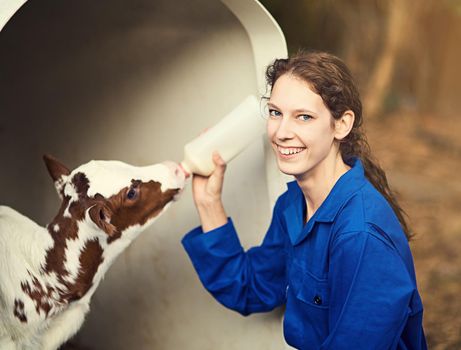 Livestock is my passion. Portrait of a female farmer feeding a calf by hand on the farm.