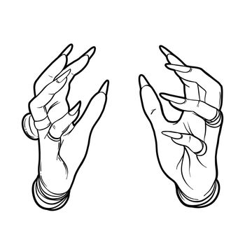 Witch tattooed hands. Alchemy, spirituality, occultism, tattoo art. Isolated black and white vector illustration. Halloween concept.