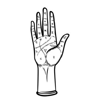 Vintage Hands. Hand drawn sketchy illustration with mystic and occult hand drawn symbols. Palmistry concept. Vector illustration.