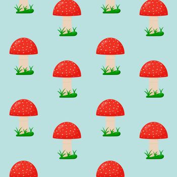 Amanita mushrooms seamless pattern. Red mushrooms with white spots. Fly agaric