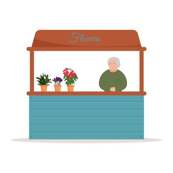 Stall Counters. Food market counter with flowers on shelves. Kiosk on white background