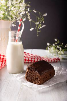 sponge chocolate cake glass of milk
