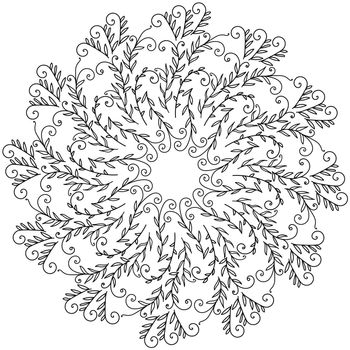 Herb mandala with curls and delicate leaves, zen anti stress coloring page