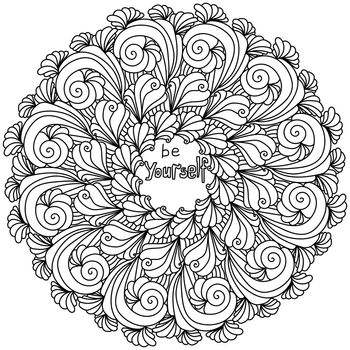 Mandala with inspirational phrase in the center, be yourself! zen coloring page with curls and waves