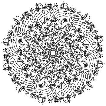 Decorative flower doodle mandala of small blooming petals and leaves with curls, zen coloring page from plant motifs