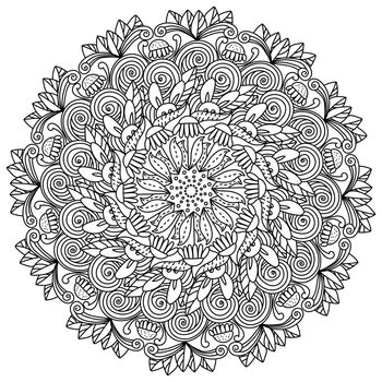 Contour ornate mandala for Easter, coloring page with curls and bunnies