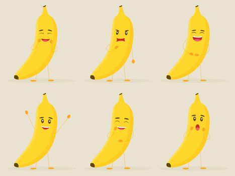 Cute bananas with different emotions isolated on white background