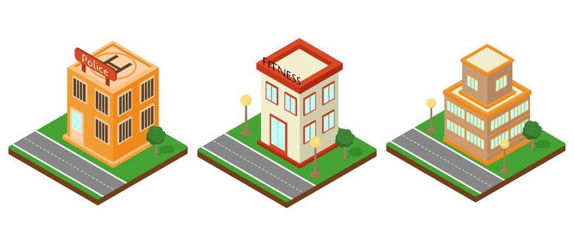 Modern isometric set buildings. Coffee shop, police, fitness center. Isometric icon or inforgraphic element. Flat vector illustration