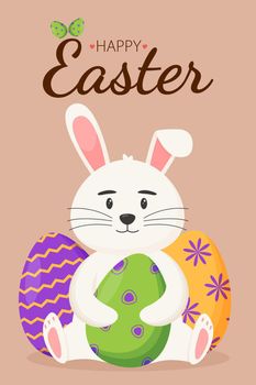 Cute Easter bunny with an Easter egg in its paws. Easter concept. Happy Easter banners, greeting cards, posters, holiday covers.
