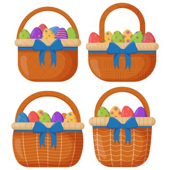 Wicker basket. Wicker basket with Easter eggs for Easter. Wooden accessory for storage or carrying