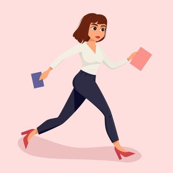 Business woman in office outfit. Business woman in a hurry with documents in her hands. Office dresscode. Flat vector illustration.