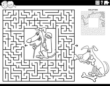maze with hiker dog and his friend with dog bones coloring page