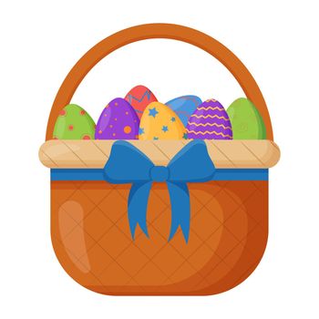 Wicker basket. Wicker basket with Easter eggs for Easter. Wooden accessory for storage or carrying