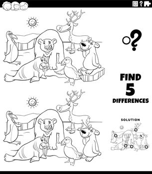 differences game with cartoon polar animals coloring page