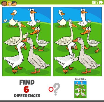 differences game with cartoon geese farm animal characters