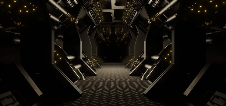 Flying in a spaceship tunnel. Sci-Fi futuristic space corridor background. 3D Rendering