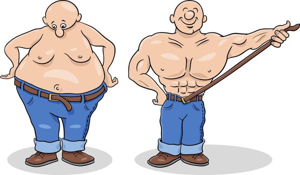happy cartoon man loosing weight humorous illustration