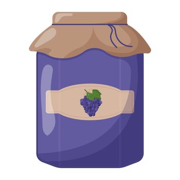 Glass jar of grape jam with closed lid. Cute vector illustration