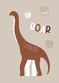 Vector childish poster with an illustration of a Jurassic playful dinosaur