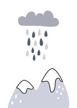 Vector Nordic childish poster with illustrations of mountains and clouds with rain
