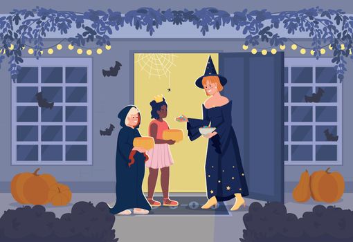 Children trick or treating on Halloween flat color vector illustration