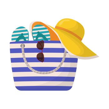 Colorful women's summer bag with beach accessories. Summer design elements.