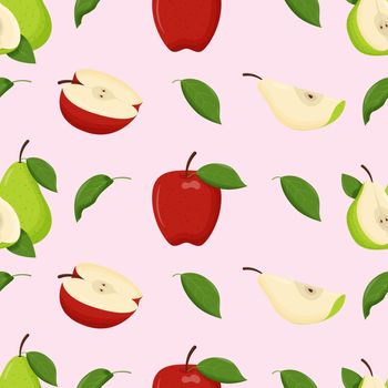 Red apples and pears with green leaves seamless pattern. Flat vector illustration