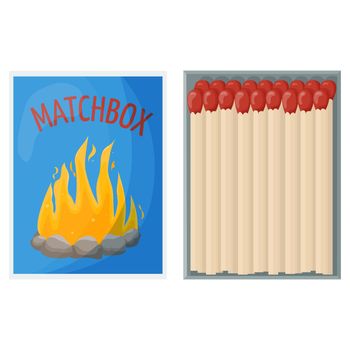 Opened matchbox full of matches. Household flammable tool for lighting fire in cardboard box. Flat vector illustration