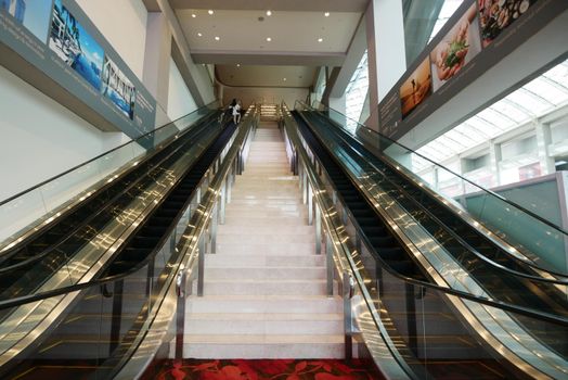 singapore, Marina bay 12 june 2022. escalator in marina bay sand shopping mall