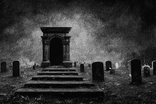3D Render of Graveyard Cemetery In Spooky Dark Night for halloween concept