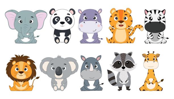 Big vector set of cute cartoon animal characters.Elephant,panda,hippo,tiger,zebra,lion,koala,rhinoceros,raccoon,giraffe on white background.Elements for design and print