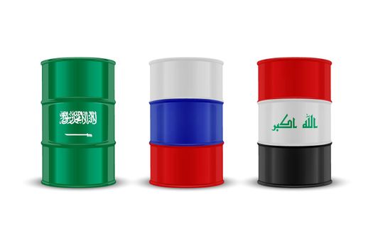 Saudi Arabia, Russia, Iraq Oil, Embargo Concept. Vector 3d Realistic Metal Enamel Oil Barrel Isolated. Crude, Oil Barrel Design Template