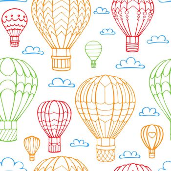 Seamless pattern hot air balloon and cloud. Hand drawn outline doodle. Vector illustration.