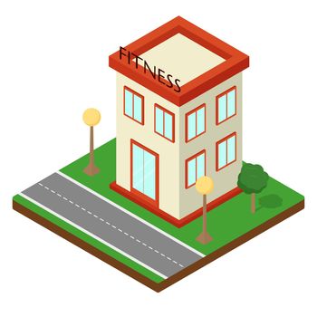 Modern isometric building. Fitness center. Isometric icon or inforgraphic element. Flat vector illustration