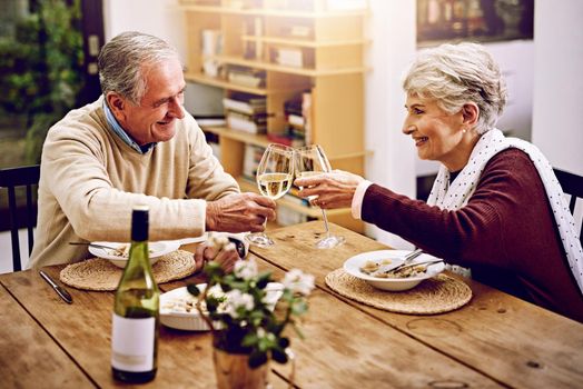 Eat, drink and be merry. an elderly couple toasting with wine glasses while they enjoy a meal at home.