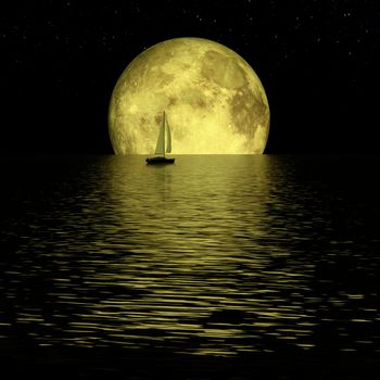 Lonely yacht in calm ocean, full yellow moon and stars