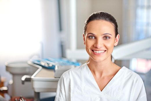 Dentistry is her passion. Portrait of an attractive female dentist standing in her office.
